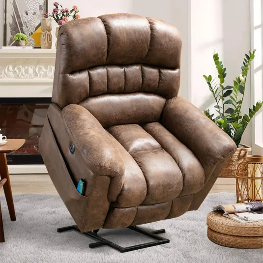 A plush brown recliner chair with padded armrests and an extended footrest.