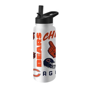 Water bottle featuring Chicago Bears graphics, including the team's name, logo, helmet, and foam finger design on a white background with a black lid and straw.