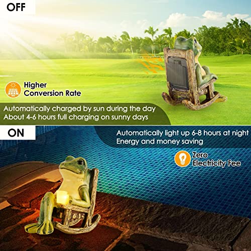 A statue of a frog sitting and reading a book, with a solar panel feature that charges in the sun and lights up at night.