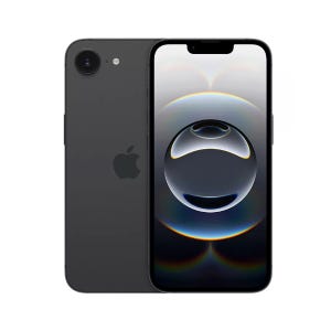 A black smartphone with an Apple logo on the back, featuring a single rear camera and a front screen displaying a stylized circle pattern.