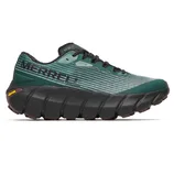 Merrell trail running shoe with a green and black color scheme, featuring a thick cushioned sole and Vibram grip technology for enhanced traction.