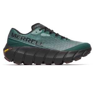 Merrell trail running shoe with a green and black color scheme, featuring a thick cushioned sole and Vibram grip technology for enhanced traction.