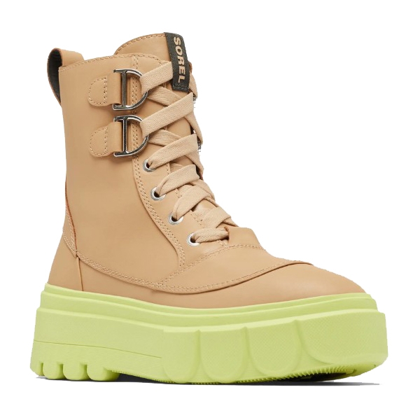 Sorel Caribou X Waterproof Boots feature a beige upper with lace-up and buckle details, paired with a chunky neon green platform sole.