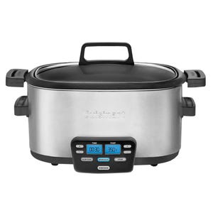 Cuisinart 6qt MultiCooker with a stainless steel finish features a digital display for time and temperature, including settings for slow cook, brown/sauté, and steam. It has a black lid and sturdy side handles.
