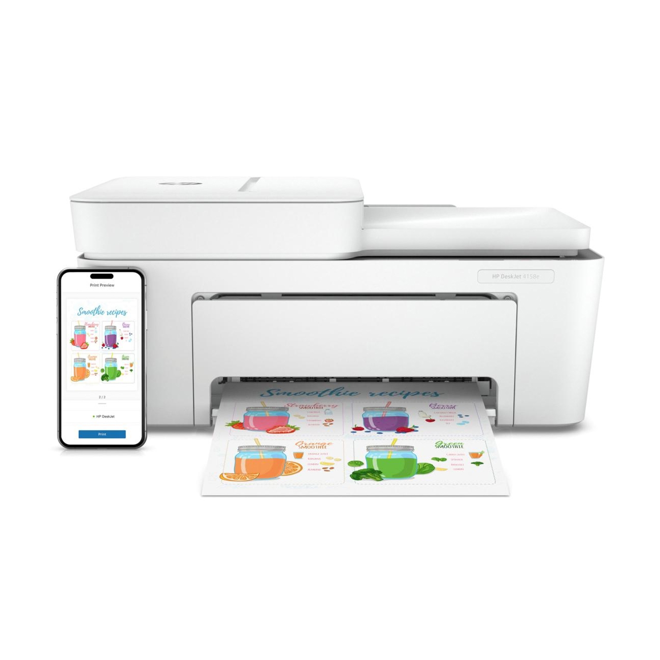 A white HP DeskJet 2755e printer with a printed page displaying smoothie recipes. A smartphone next to it shows a print preview of the same recipe page.