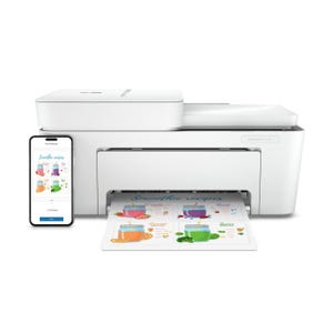 A white HP DeskJet 2755e printer with a printed page displaying smoothie recipes. A smartphone next to it shows a print preview of the same recipe page.