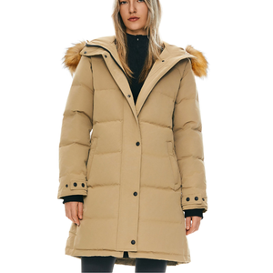 Beige knee-length puffer coat with a drawstring hood, featuring fur trim, front snap buttons, and adjustable cuffs.