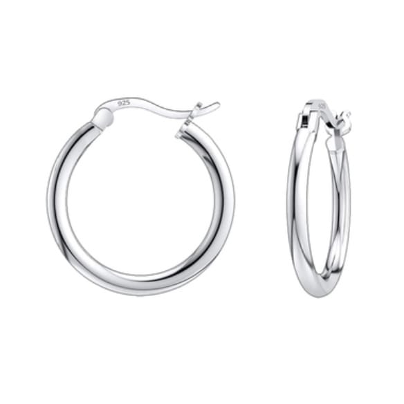 Silver hoop earrings with a smooth, polished finish, featuring a hinged clasp for fastening. Stamped with \“925\“ indicating sterling silver composition.