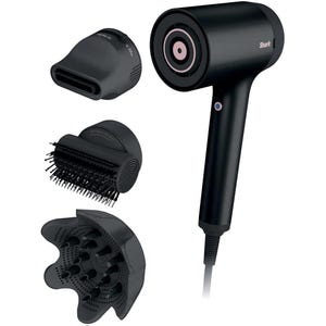 A black hair dryer with three attachments: a concentrator nozzle, a styling brush attachment, and a diffuser, all designed for versatile hair styling.