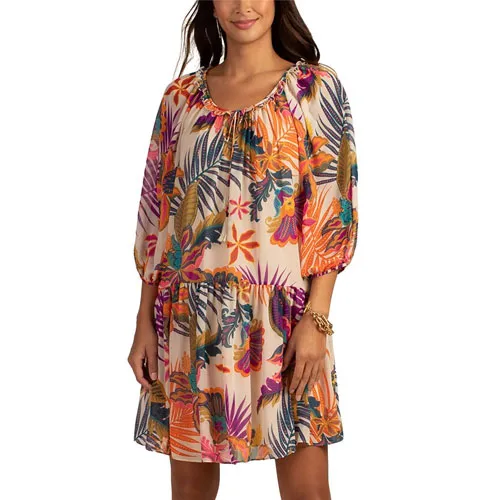 A floral print dress with long sleeves and an elastic waist.