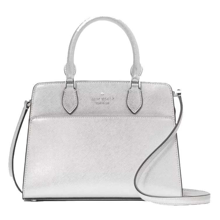 A silver Kate Spade New York small satchel featuring dual handles, a detachable shoulder strap, and a structured silhouette. The bag has a subtle, textured finish with the brand's logo stamped on the front.