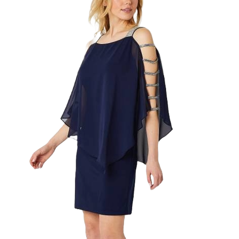 Navy blue dress with a cape overlay and embellished open-shoulder straps. The dress features a knee-length sheath silhouette, offering a chic and modern style.