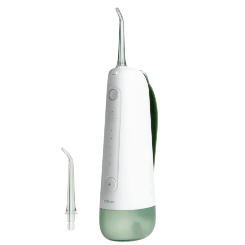 A cordless water flosser with an ergonomic design and an additional nozzle attachment.