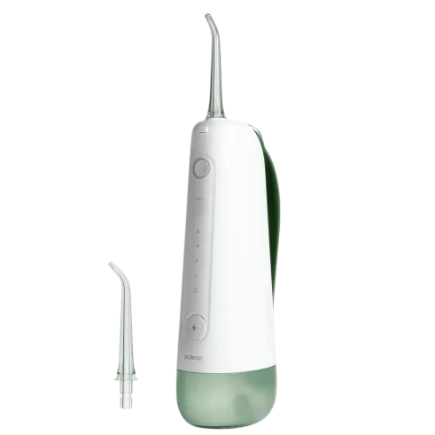 A cordless water flosser with an ergonomic design and an additional nozzle attachment.