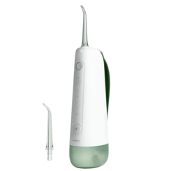 A cordless water flosser with an ergonomic design and an additional nozzle attachment.