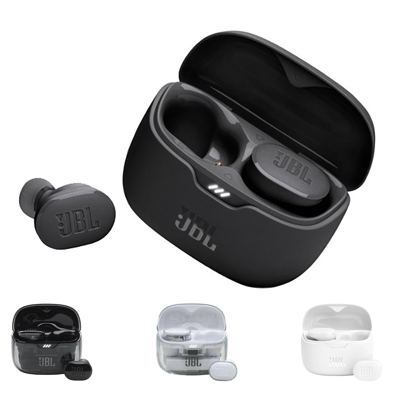 JBL wireless earbuds in a charging case, displayed in three different colors: black, white, and gray.