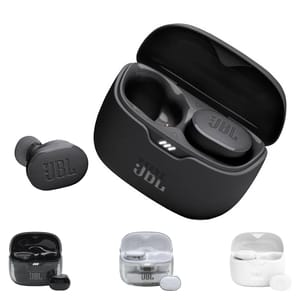 JBL wireless earbuds in a charging case, displayed in three different colors: black, white, and gray.