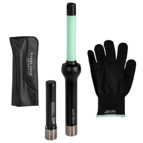A hair styling set featuring a mint-colored curling wand, a heat-resistant glove, a battery, and a storage pouch.