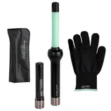 A hair styling set featuring a mint-colored curling wand, a heat-resistant glove, a battery, and a storage pouch.