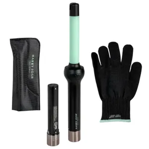 A hair styling set featuring a mint-colored curling wand, a heat-resistant glove, a battery, and a storage pouch.