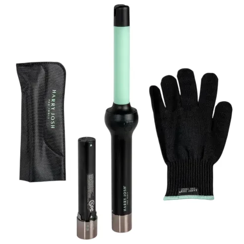 A hair styling set featuring a mint-colored curling wand, a heat-resistant glove, a battery, and a storage pouch.