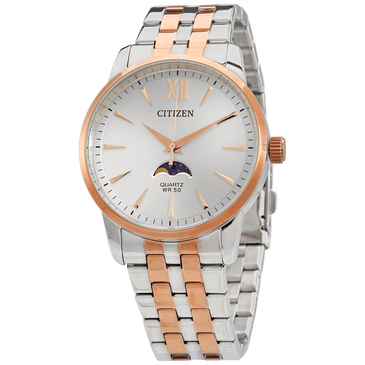 Citizen Men's Quartz Moonphase Watch features a silver dial, rose gold accents, dual-tone stainless steel bracelet, water resistance up to 50 meters, and a moon phase display.