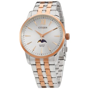 Citizen Men's Quartz Moonphase Watch features a silver dial, rose gold accents, dual-tone stainless steel bracelet, water resistance up to 50 meters, and a moon phase display.