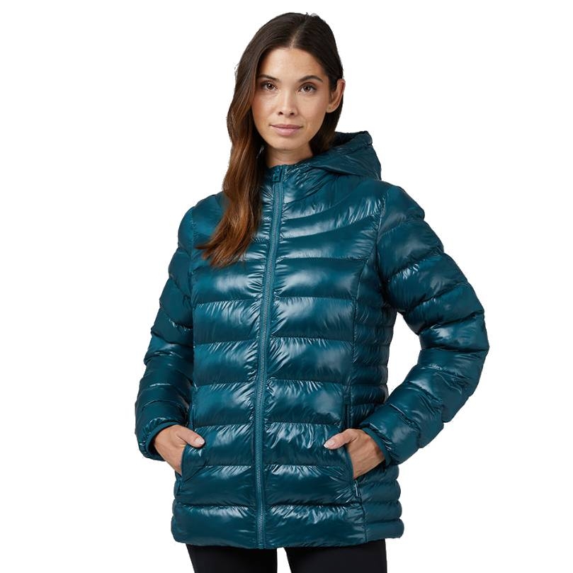 A teal, shiny, quilted hooded jacket with a front zipper and two side pockets, worn by a woman.