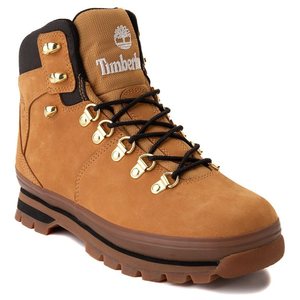 A tan-colored work boot with a high-top design, metal eyelets, and a prominent logo embroidered on the side.