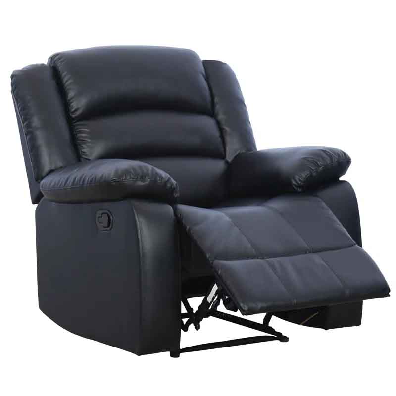 A black leather recliner chair with padded armrests and an extended footrest.