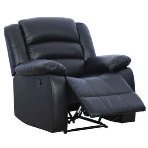 A black leather recliner chair with padded armrests and an extended footrest.