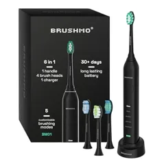 BRUSHMO electric toothbrush set includes 1 handle, 4 brush heads, and 1 charger. Features 5 customizable brushing modes, a long-lasting battery for 30+ days, and comes in a black design.