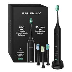BRUSHMO electric toothbrush set includes 1 handle, 4 brush heads, and 1 charger. Features 5 customizable brushing modes, a long-lasting battery for 30+ days, and comes in a black design.