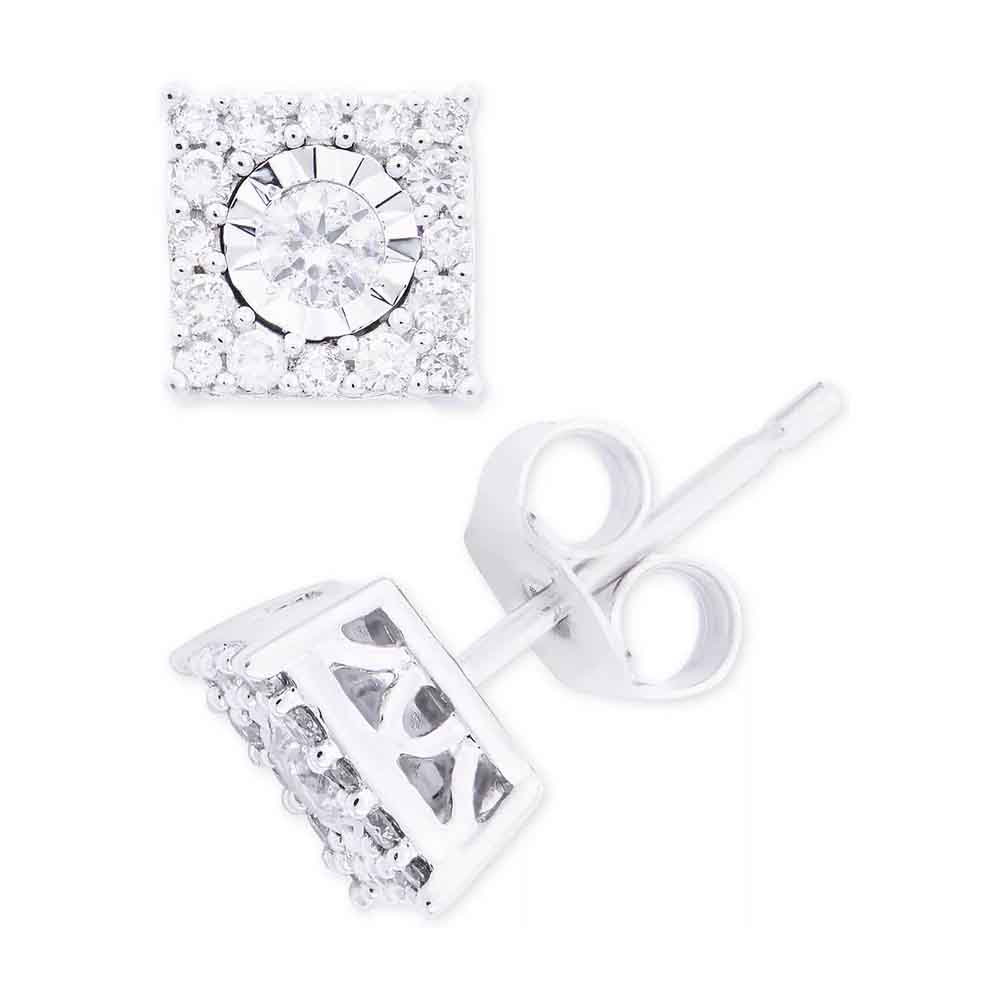 Square stud earrings featuring a central earth-mined diamond surrounded by additional smaller diamonds, set in 14K white gold with a butterfly clasp.