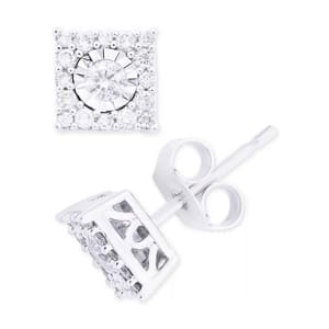 Square stud earrings featuring a central earth-mined diamond surrounded by additional smaller diamonds, set in 14K white gold with a butterfly clasp.