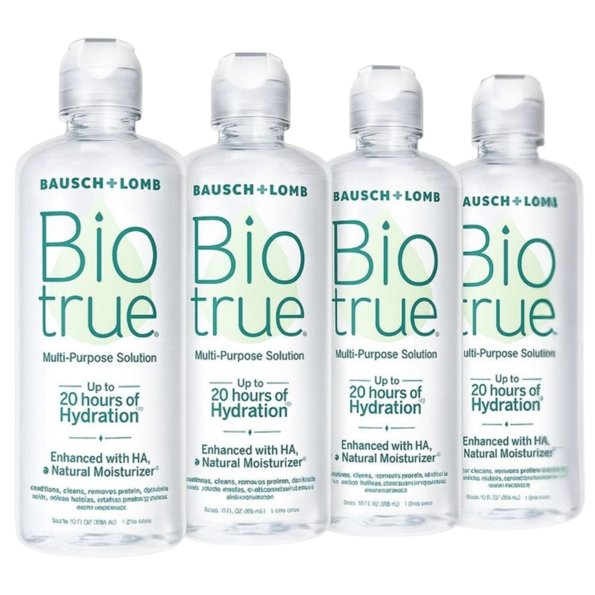 Four bottles of Bausch + Lomb Biotrue Multi-Purpose Solution, offering up to 20 hours of hydration with HA and natural moisturizer.