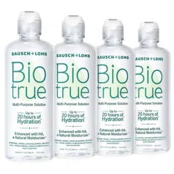 Four bottles of Bausch + Lomb Biotrue Multi-Purpose Solution, offering up to 20 hours of hydration with HA and natural moisturizer.