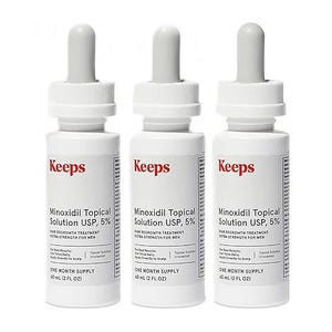 3-pack Keeps Minoxidil Topical Solution USP, 5%, for men, with extra strength formula. Each bottle contains 60 mL (2 fl oz), providing a one-month supply per bottle.