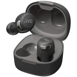 JVC wireless earbuds with a charging case, featuring a sleek black design and visible branding on the earpieces, are displayed.
