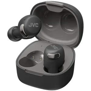 JVC wireless earbuds with a charging case, featuring a sleek black design and visible branding on the earpieces, are displayed.