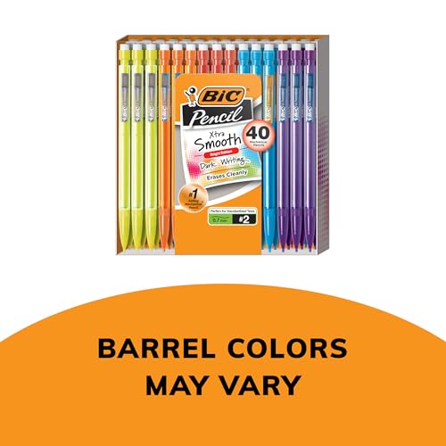 A pack of 40 BIC Xtra-Smooth Mechanical Pencils in assorted barrel colors, each with the number 2 lead grade. The text indicates that barrel colors may vary.