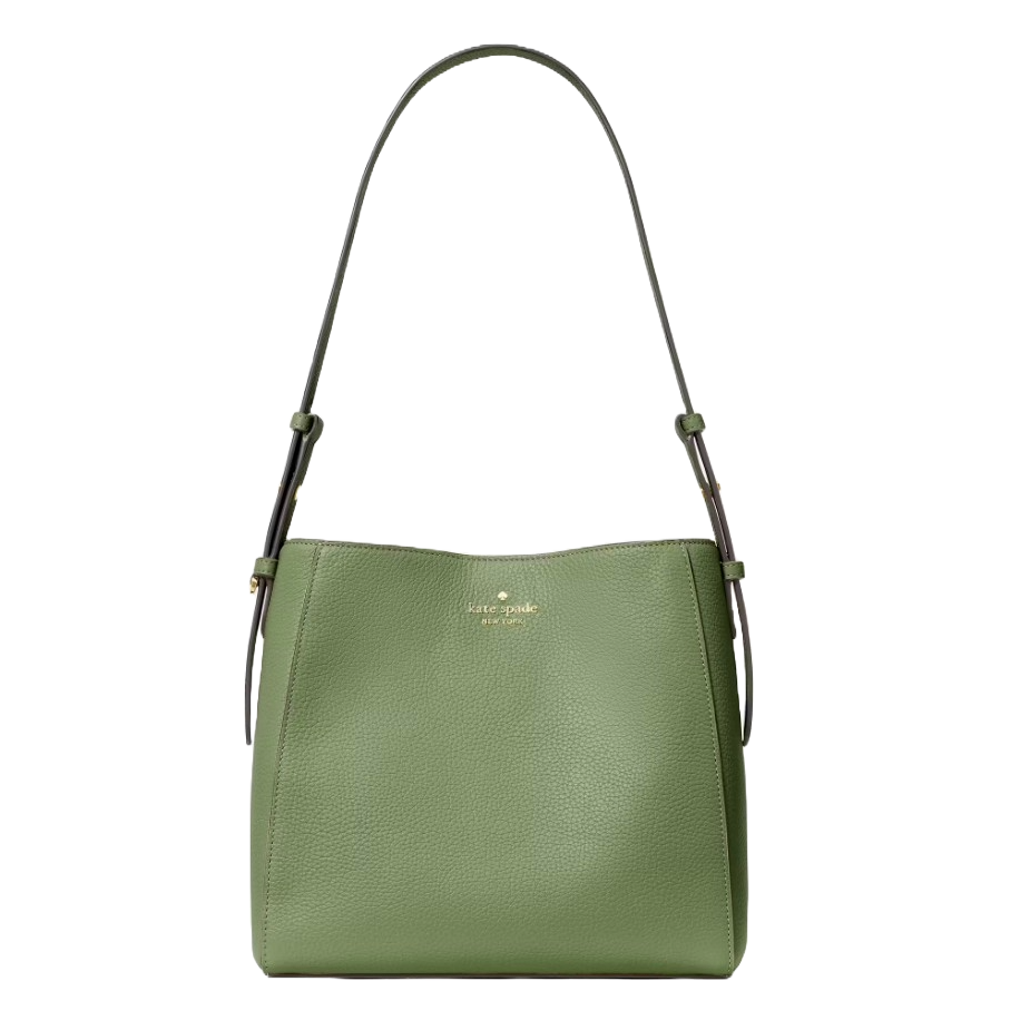 Green leather handbag with an adjustable shoulder strap, featuring a small brand logo on the front.