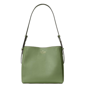Green leather handbag with an adjustable shoulder strap, featuring a small brand logo on the front.