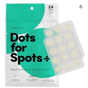 24pk Dots for Spots Pimple Patches are ultra-thin, translucent patches made in Korea, designed to absorb impurities and act as a protective cover for acne spots. Each patch is 12mm in diameter.