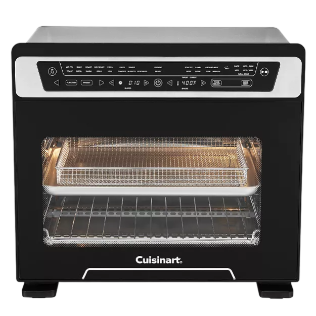 Cuisinart air fryer oven with a digital control panel, featuring various cooking options and two racks for different cooking needs.