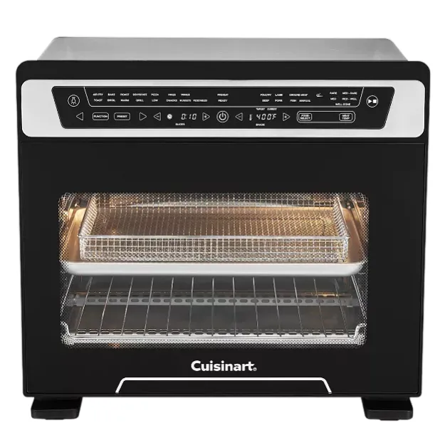 Cuisinart air fryer oven with a digital control panel, featuring various cooking options and two racks for different cooking needs.