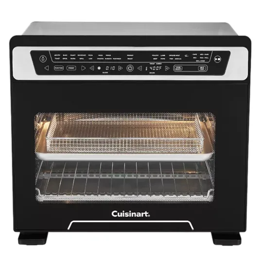 Cuisinart air fryer oven with a digital control panel, featuring various cooking options and two racks for different cooking needs.