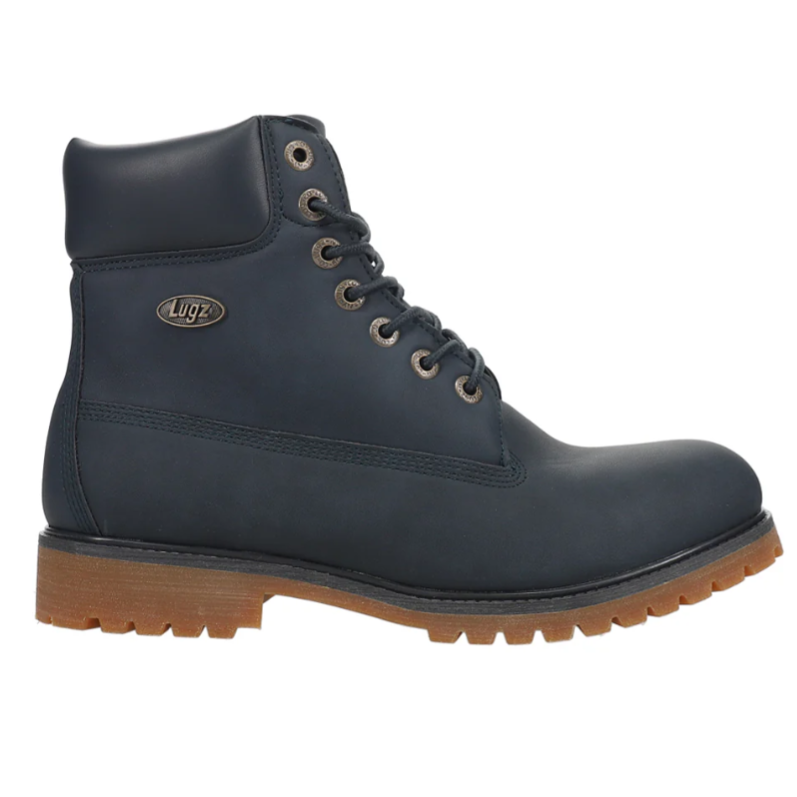 A navy blue Lugz boot with a padded collar and brown lugged sole, featuring metal eyelets for lacing.