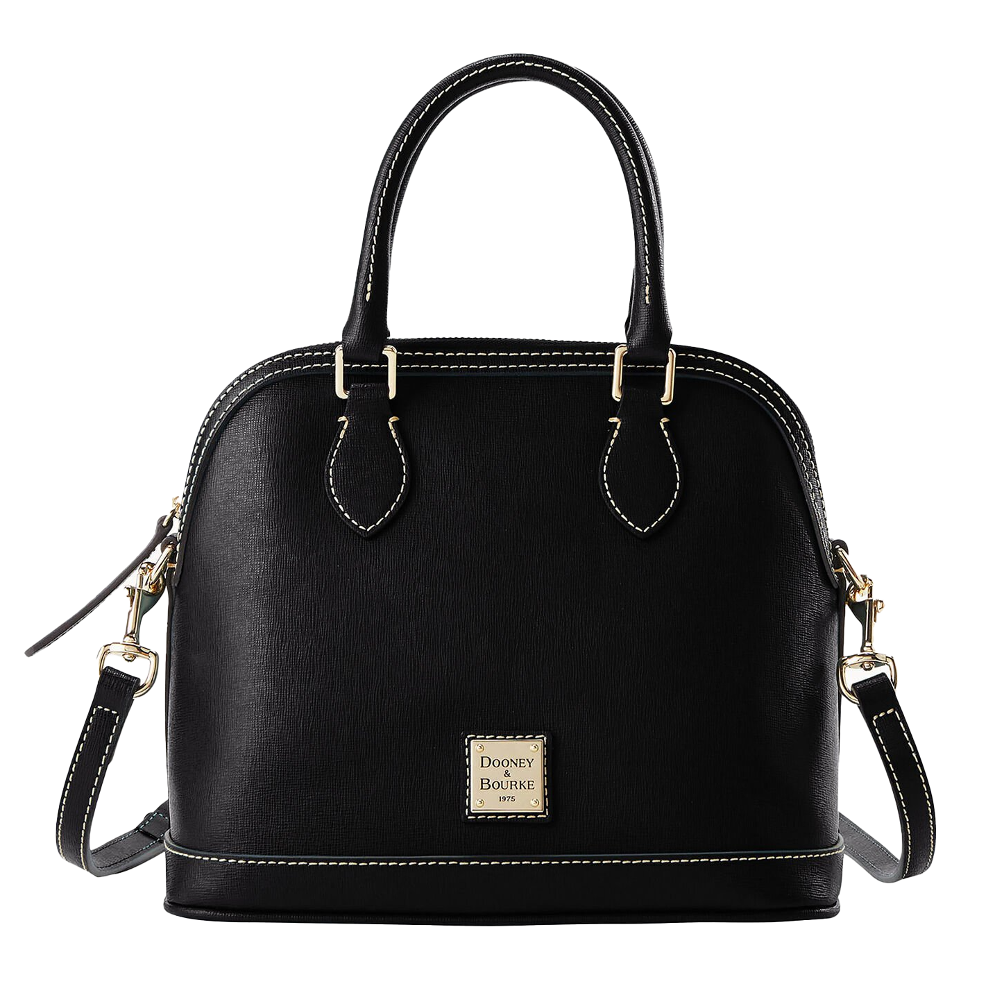 Black Dooney & Bourke Saffiano Leather Satchel featuring two top handles, a detachable shoulder strap, gold-tone hardware, and a central logo plaque, with contrast stitching.
