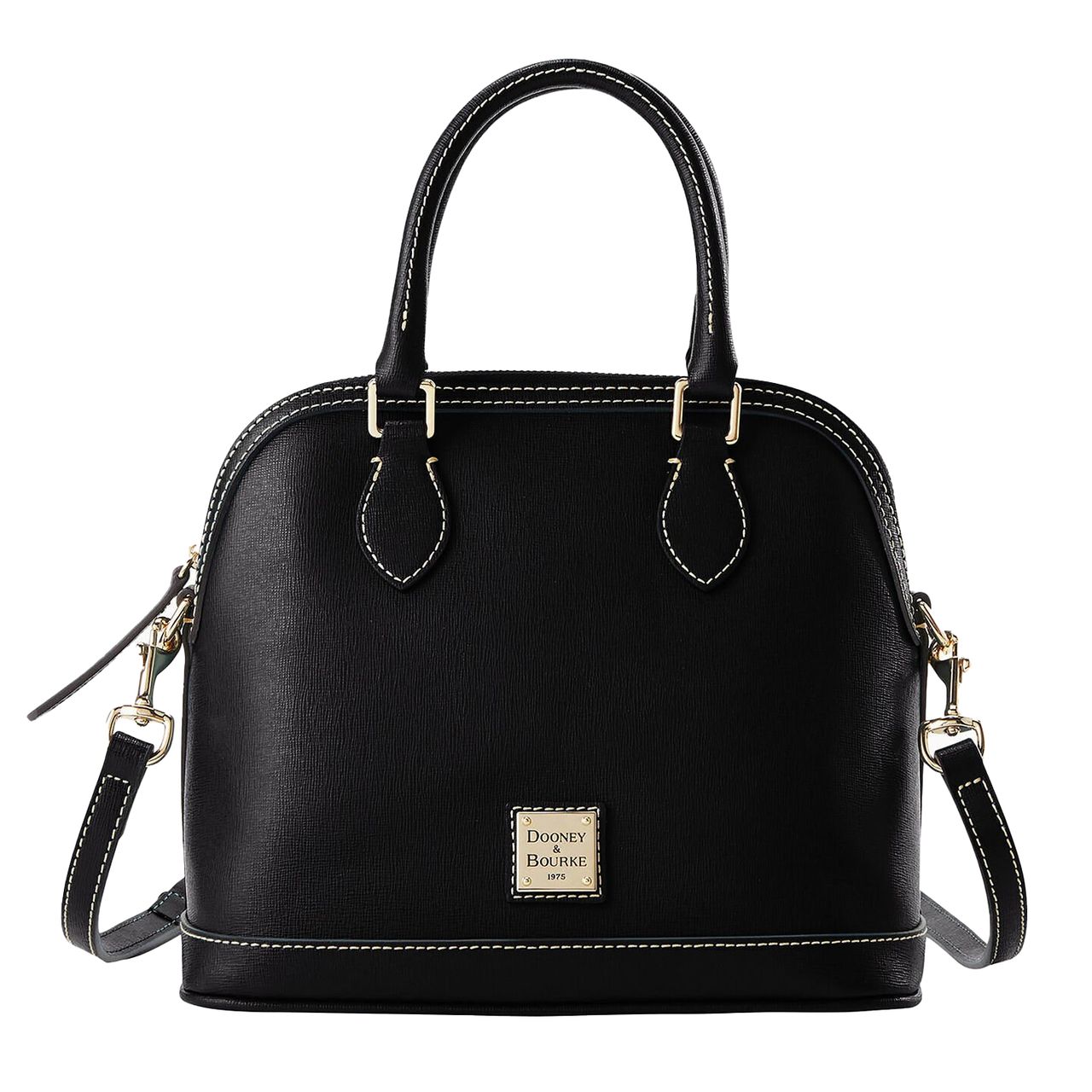 Black Dooney & Bourke Saffiano Leather Satchel featuring two top handles, a detachable shoulder strap, gold-tone hardware, and a central logo plaque, with contrast stitching.